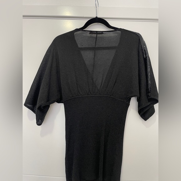 Belldini Black Deep V-Neck Batwing Sleeve Top Fitted Waist Ruched Blouse Size M - Picture 9 of 12